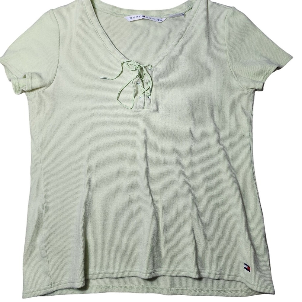 VTG 90s Tommy‎ Hilfiger Short Sleeve Cropped Baby Tee Green Lace-up Top